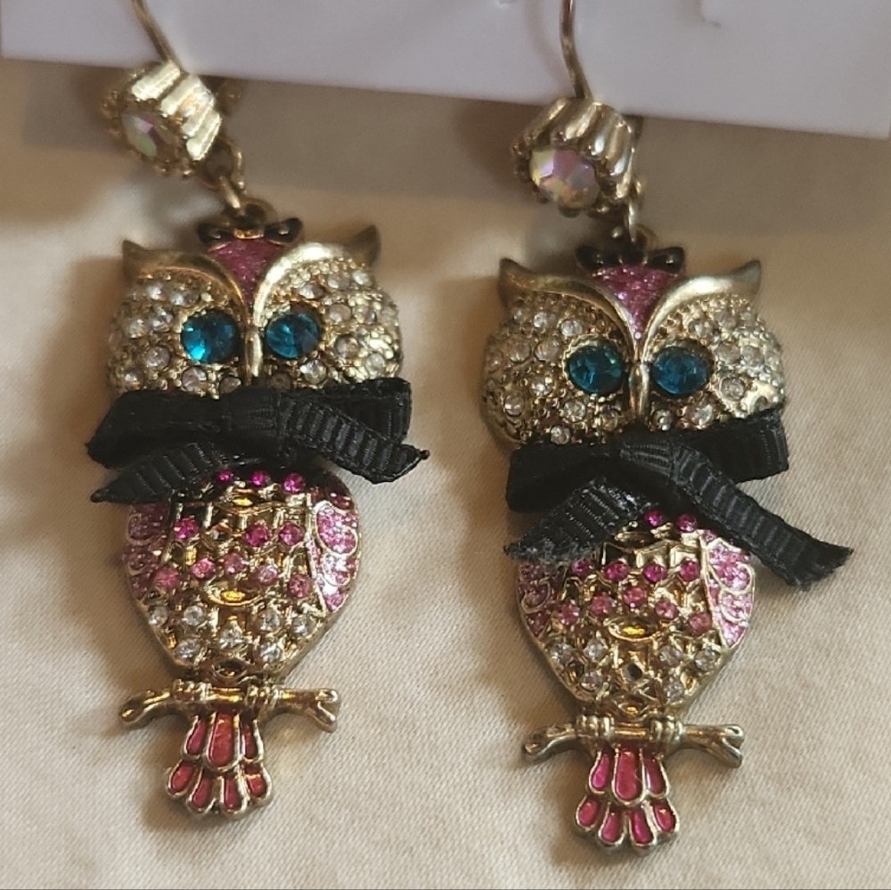 Owl Earrings Dangle with Pink and Gold Accents